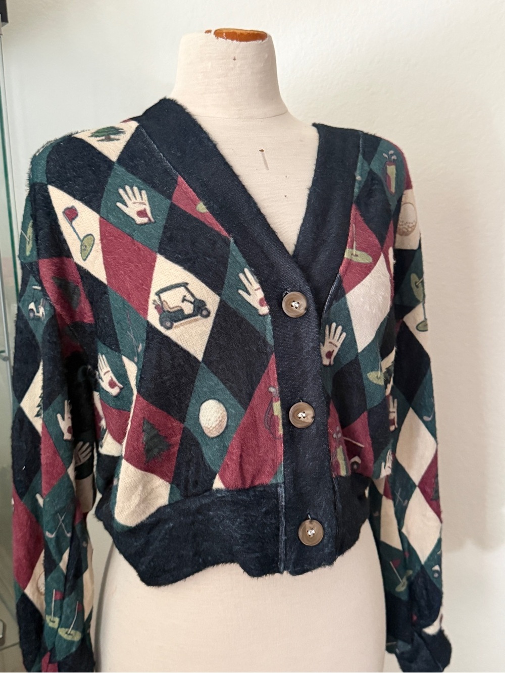 Golf Pattern Button-Front Women’s Sweater Cardigan - Navy, Burgundy, Cream